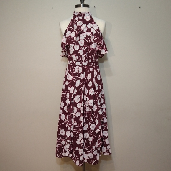 Lauren Conrad Runway Floral Ruffle Burgundy High Neckline Midi Dress 4 - Picture 3 of 12
